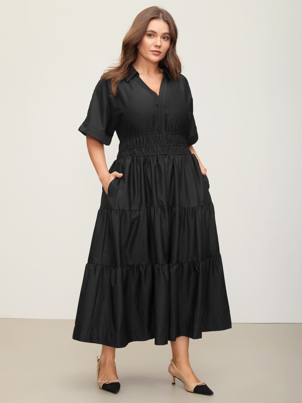 BloomChic Black Tiered Shirred-Waist Maxi Dress